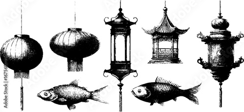 Vintage chinese lanterns and fish collection - hand drawn engravings for decorative design