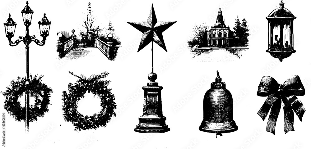 Fototapeta premium Vintage christmas city scene with lights and decorations - hand drawn collection for holiday designs