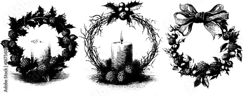 Christmas wreaths collection featuring holly and candles - vintage hand drawn holiday design
