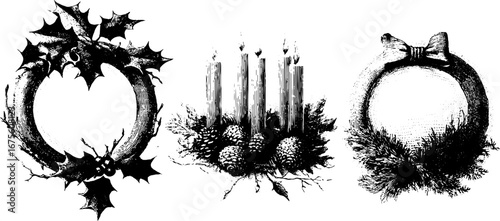 Vintage christmas wreaths collection with holly and candles for holiday decoration