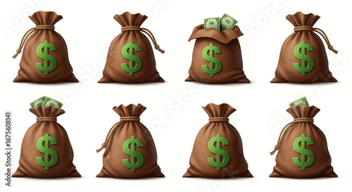 A diverse collection of illustrated money bags with dollar signs, representing concepts of wealth, savings, and finance