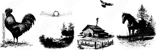 Countryside morning engraving collection featuring rooster, barn, horse, and sunrise scene
