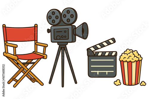 Movie production equipment and cinema elements. Film making set with director chair, retro video camera, clapperboard and popcorn. Entertainment industry vector cartoon concept.