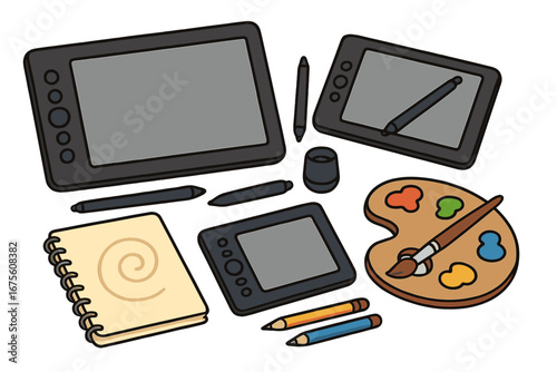 Set of creative tools for artist and designer. Graphic drawing tablet, pen, sketchbook, paint palette. Concept of digital and traditional art. Vector illustration of supplies.