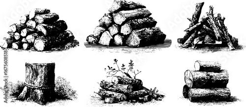 Engraving design elements collection of autumn firewood stacks for rustic decor