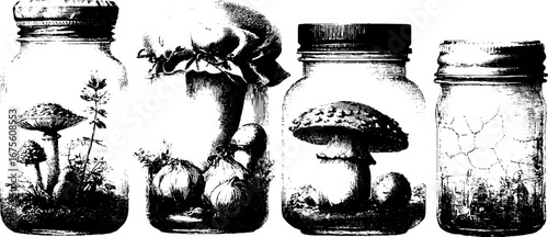 Vintage autumn harvest jar collection with mushrooms and vegetables for seasonal decor