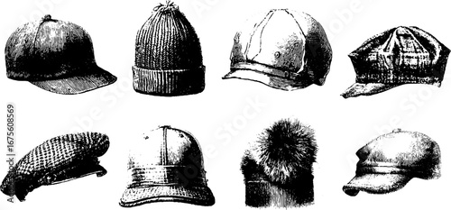 Vintage engraving collection of autumn hats for design and decoration
