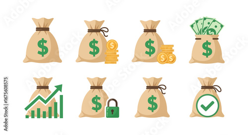 Illustrations of Money Bags and Financial Growth, Security, and Success