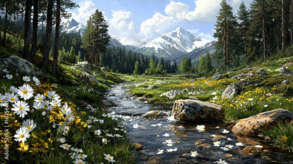 Obraz premium Serene Mountain Stream and Wildflower Meadow Landscape Painting