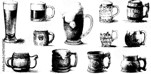 Vintage beer mug collection engraving design set for retro themed projects