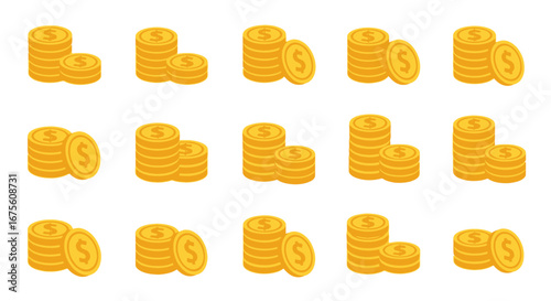 A collection of golden coins stacked in various configurations, symbolizing wealth, finance, and economic growth