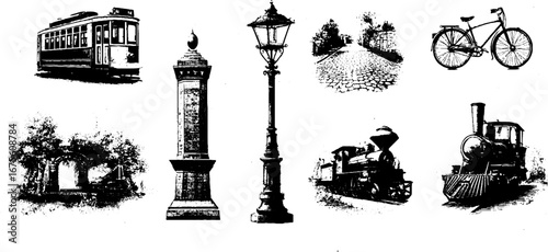 Vintage engraving collection of bicycles, trains, and street elements for retro design