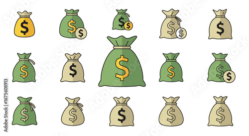 A collection of various money bag icons, showcasing different styles and colors, symbolizing wealth and financial success