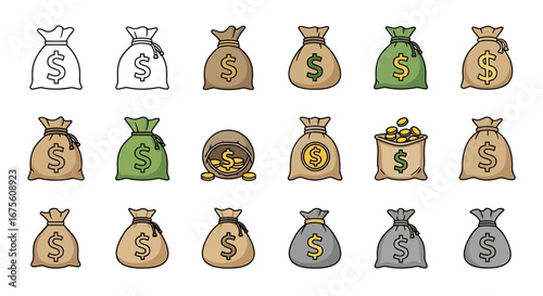 Financial concept illustrations featuring a variety of money sack icons for banking and investment themes
