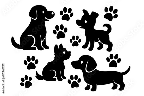 Cute dog silhouettes and paw prints set. Vector collection of black cartoon puppy icons. Pet animal graphics for veterinary or pet shop. Different breeds like dachshund, terrier.