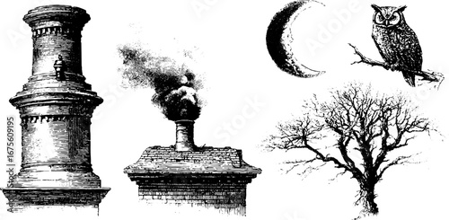 Vintage engraving collection featuring chimneys, moon, owl, and tree for design projects