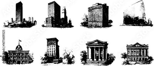 Vintage engraving design elements collection of city buildings for retro architecture design