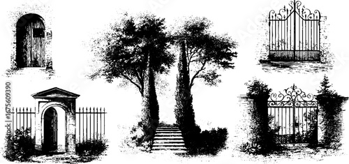 Vintage engraving elements collection featuring city gates and nature scenes for design