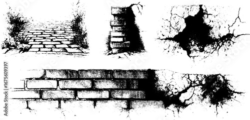 Vintage cobblestone and brick wall engravings collection for design and decoration