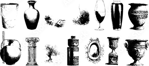 Vintage collection of engraved design elements featuring vases, columns, and frames for retro decor and print design