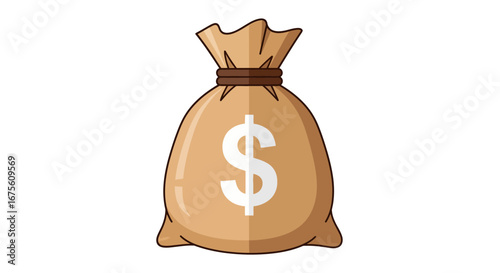 Illustration of a brown bag tied with a rope and featuring a dollar sign as a symbol of wealth
