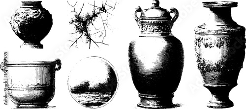 Vintage engraving collection of cracked pottery and vase design elements for artistic decor