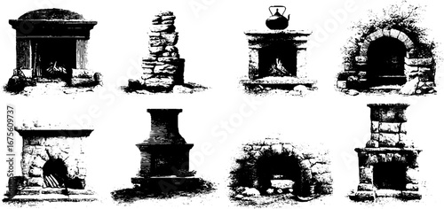 Vintage fireplace engravings collection: hand drawn sketches for retro design and decoration
