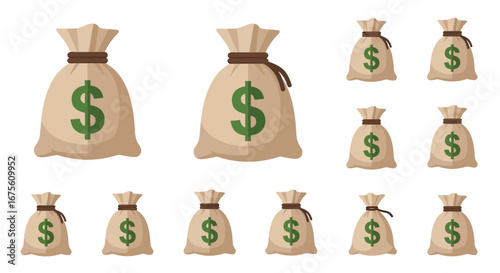 Money Bags Cartoon Vector Illustration Set of Multiple Piles of Cash Bags with Green Dollar Signs