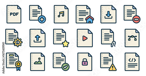 Type of files icon set related to file, document, docs, data, paper, sheet, digital, and others. vector illustration with lineal color style