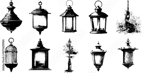 Vintage lantern collection: engraved design elements for retro projects