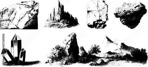 Engraving collection of marble and stone elements for design and decoration