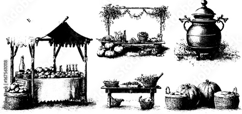 Vintage market stall and harvest collection for design and decoration