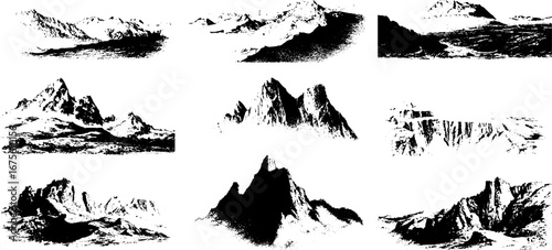 Vintage engraving collection of mountain landscapes for design and decoration
