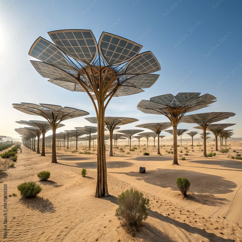 Fototapeta premium Solar panel trees in desert landscape renewable energy sustainable technology future