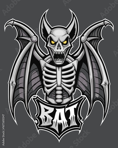 Bat Flying with Skeleton Bones – Gothic Font Creepy Illustration