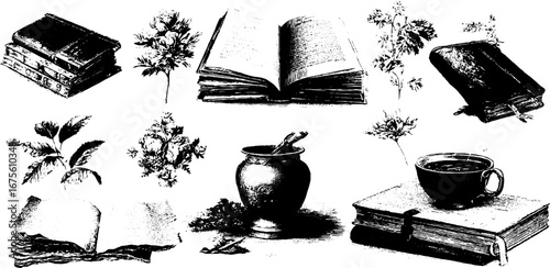 Vintage engraving design elements collection featuring notebook and botanical illustrations