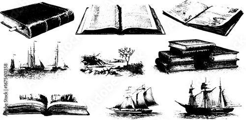 Vintage engraving collection of nautical and literary themes for creative designs