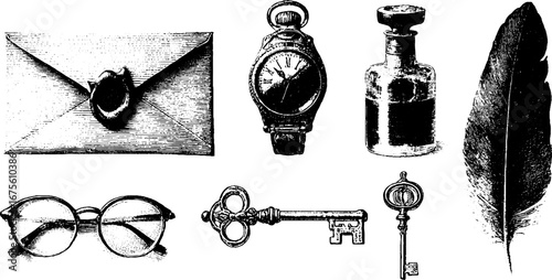 Vintage engraving design elements collection featuring old envelopes, watch, and quill for retro projects