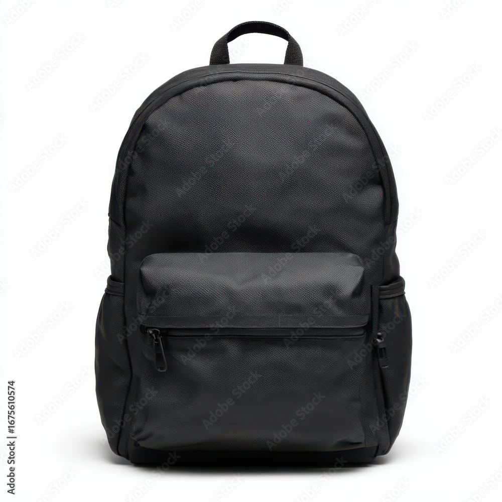 Naklejka premium Stylish black textured backpack with a front zipper pocket isolated on white background