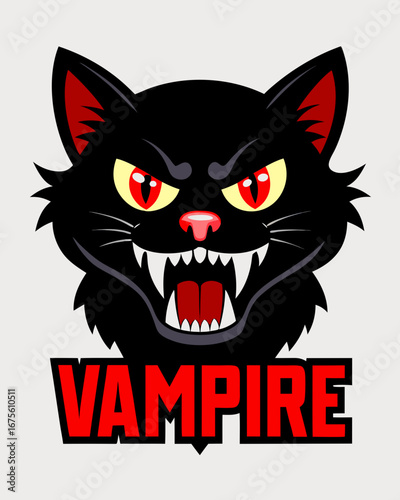 Black Cat with Vampire Teeth – Sharp Red Text Halloween Illustration