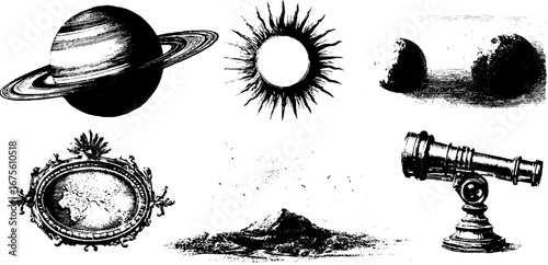Vintage engraving collection of celestial bodies and astronomy art for design and decor
