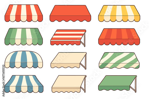 Collection of striped awnings for shop and market. Set of various retro canopy designs for store facade decoration. Vector cartoon illustration of sunshades for outdoor cafe.