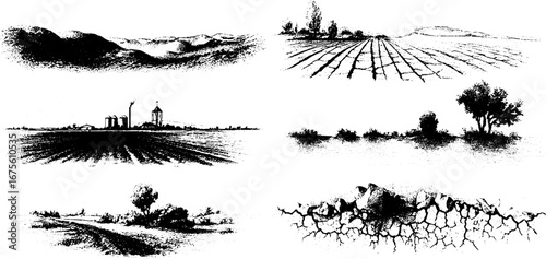 Engraving design elements collection of ploughed landscapes for vintage artwork and decor