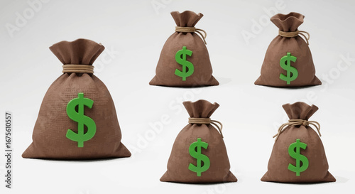 A collection of various sized money bags with green dollar signs, symbolizing wealth, savings, and financial growth