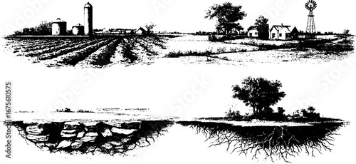 Vintage farm landscape and ploughed field engraving collection for rustic design