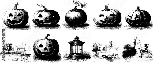 Halloween pumpkin engraving collection with vintage design elements for autumn decor