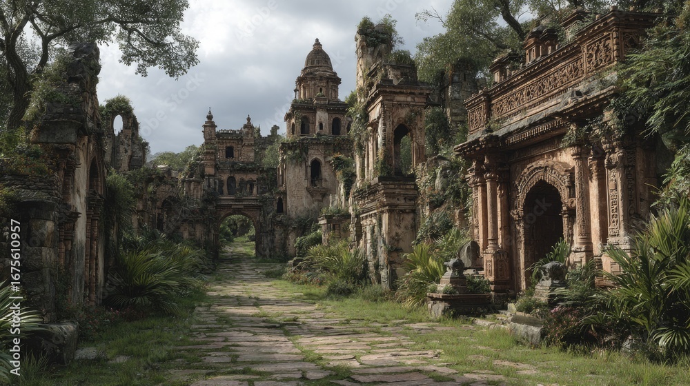 Fototapeta premium A sun-dappled path winds through overgrown ruins, ancient architecture shrouded in lush greenery.