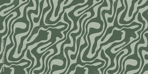 Vector seamless pattern with fluid organic shapes. Abstract military texture with flowing curves, camouflage design. Green color background. Repeated design for textile, decor, wallpaper, print