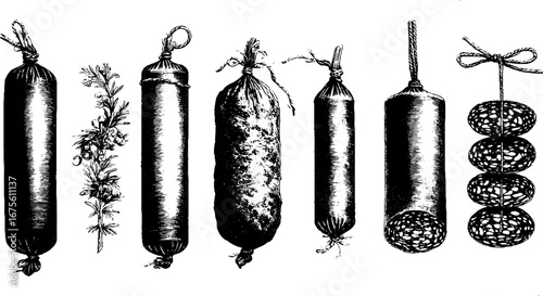 Vintage engraving collection of salami designs for culinary and packaging decoration