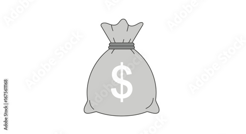 A simple flat icon of a gray money bag with a dollar sign, representing financial concepts such as wealth, savings, investment, and capital